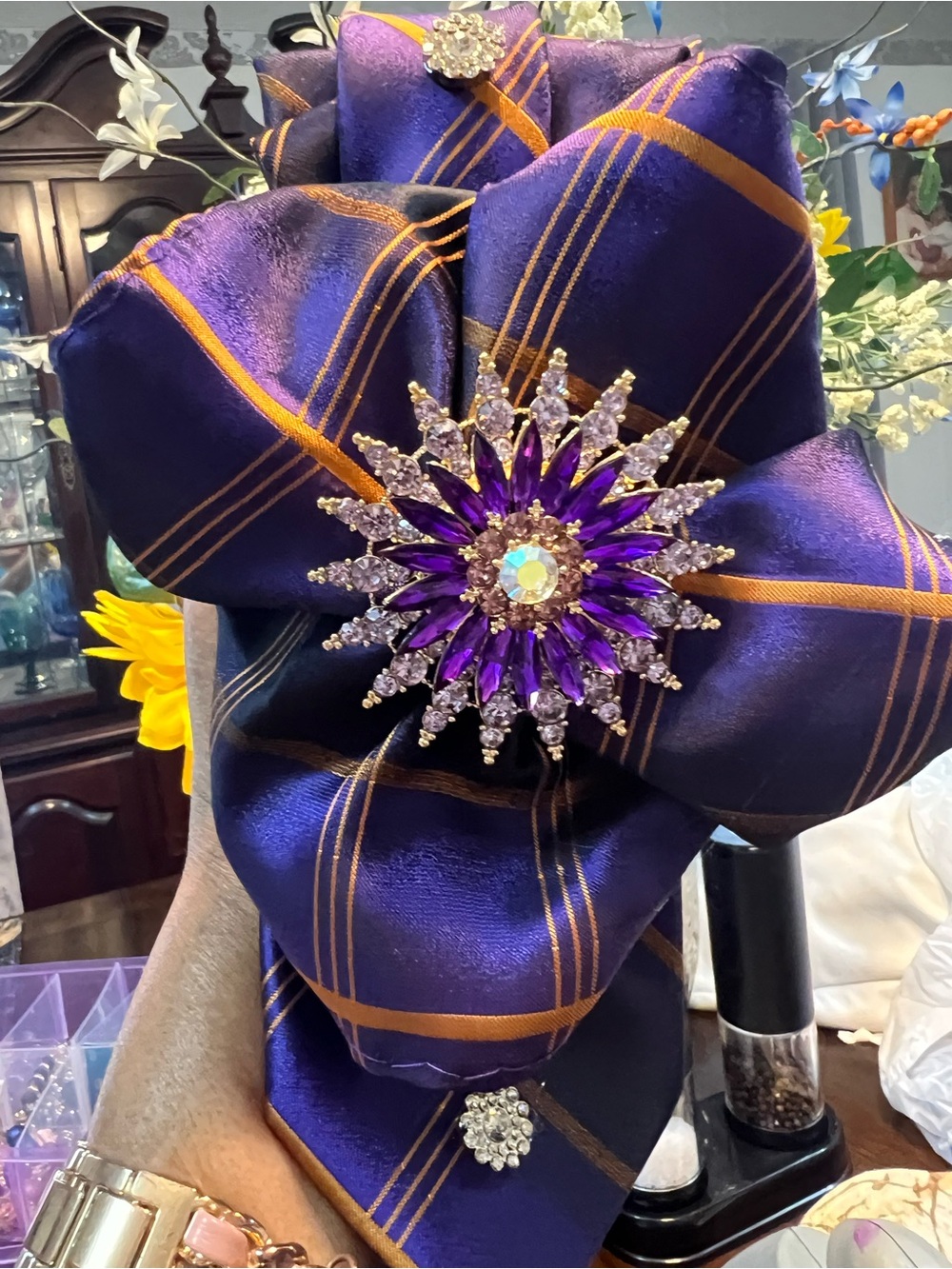 Purple Plaid Hair Bow with Decorative Crystal Brooch